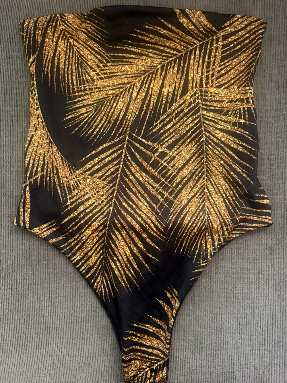 Strapless Black One-Piece Swimsuit with Gold Palm Print